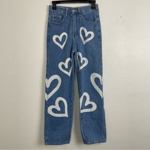 High Waisted Bleached Heart Denim Blue Jeans | Size XS